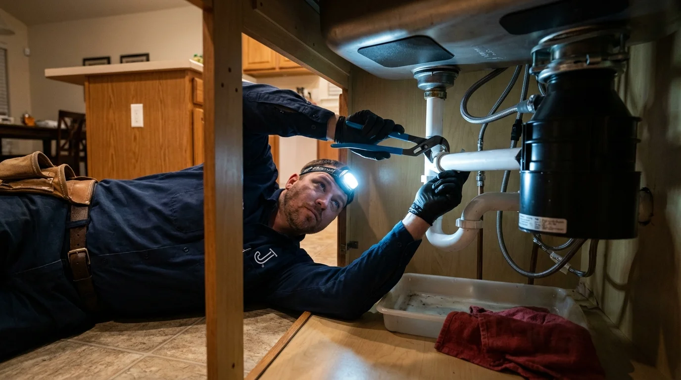 P-trap and supply line connections under a kitchen sink showing a common leak point in Springfield, MN